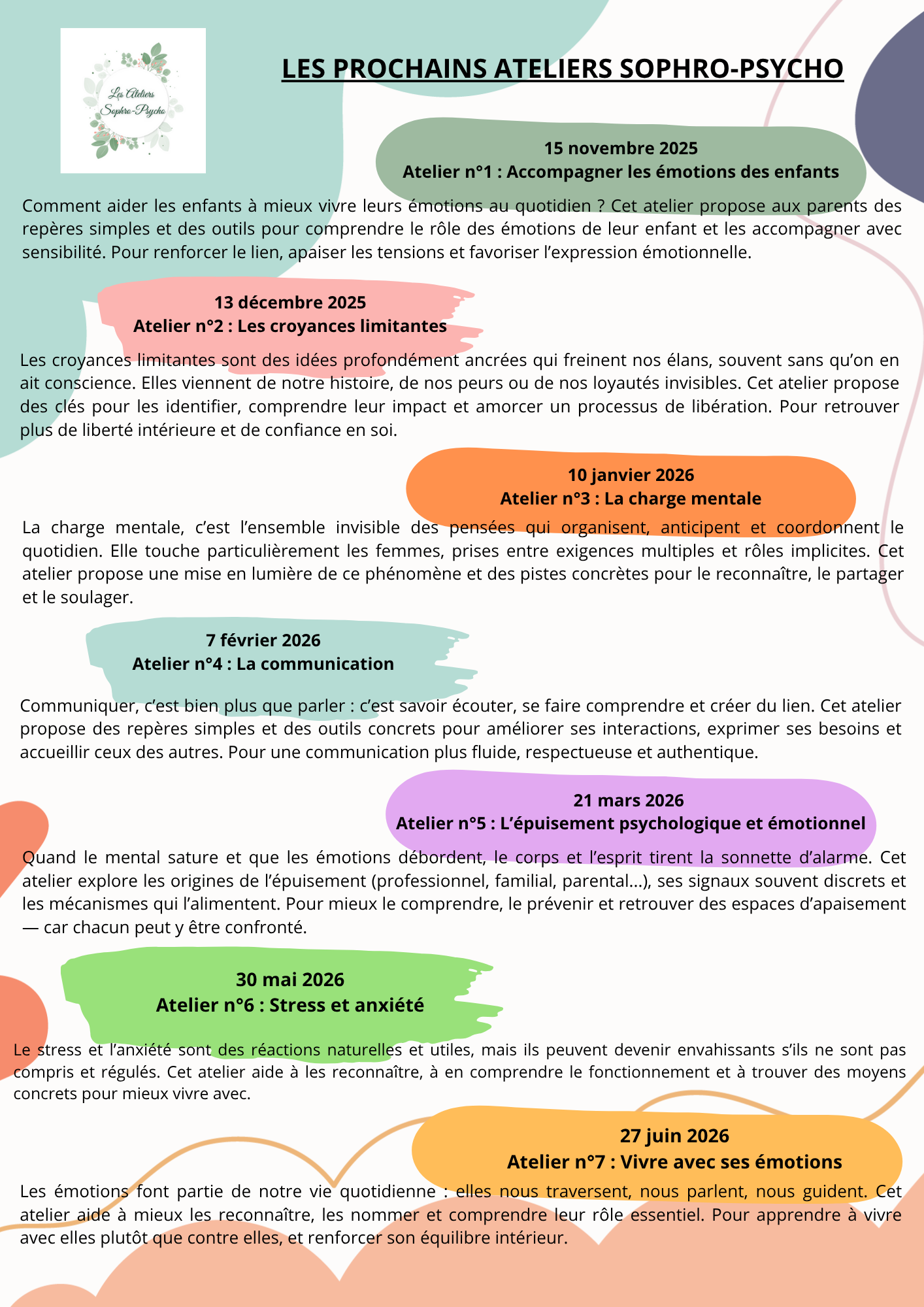 Les Ateliers Sophro-Psycho reprennent !