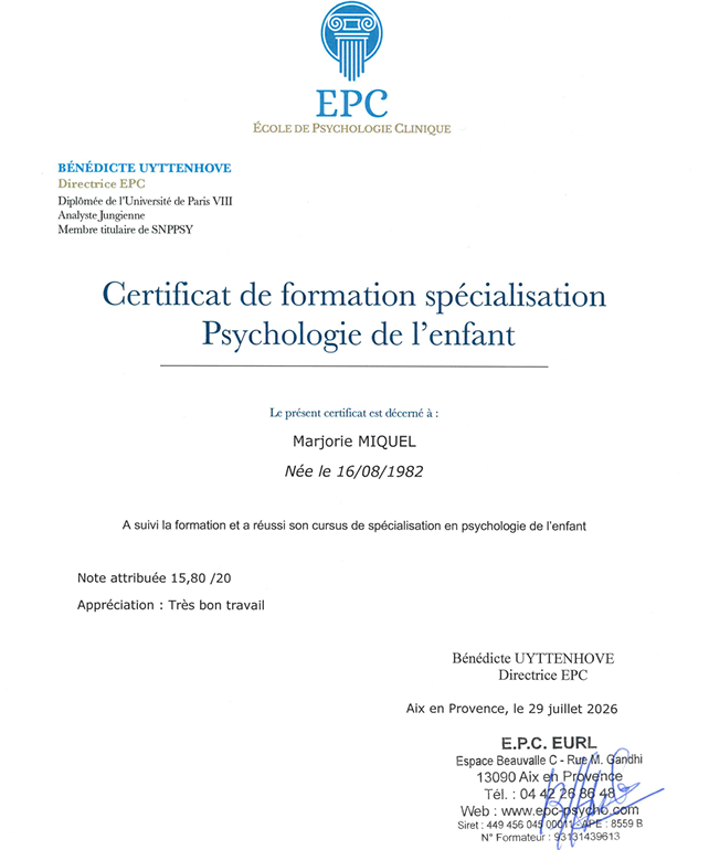 Certification en Psychologie de l'enfant