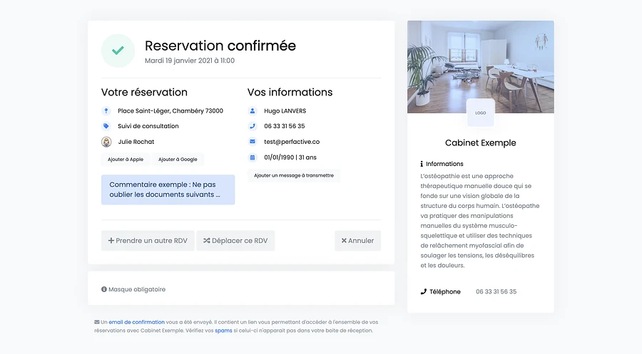 Réservation en ligne | Confirmation | PERFACTIVE