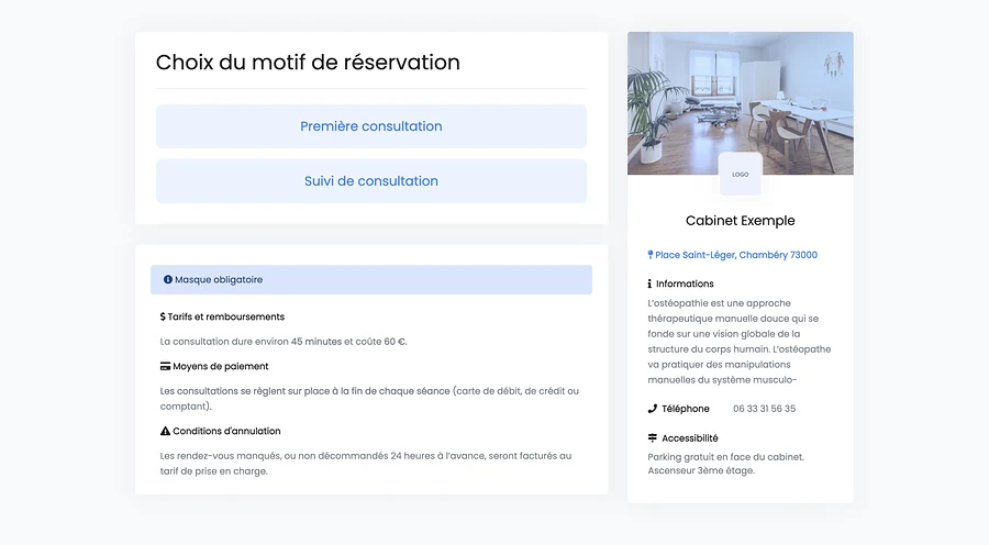 Réservation en ligne | Choix du motif de consultation | PERFACTIVE